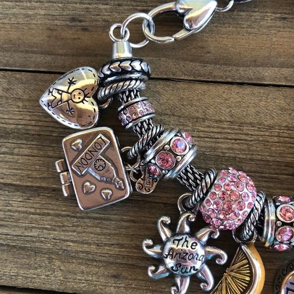 Brighton Pink & Silver Plated Slide Charm Bracelet 17 Charms! EUC - Picture 12 of 14